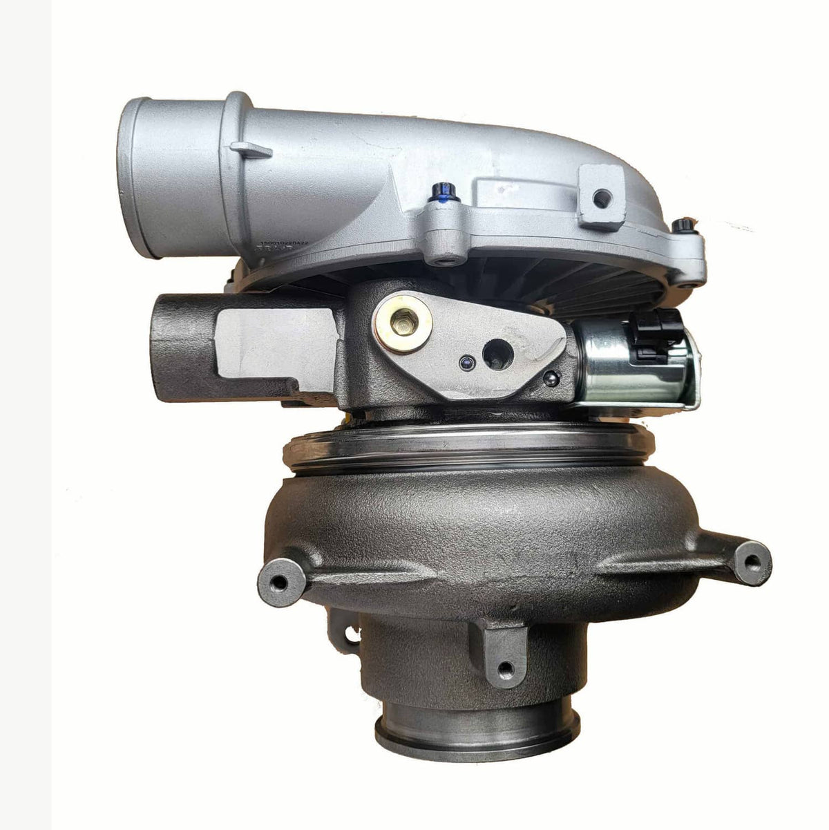 Turbocharger with silver compressor housing and black oil return line, side view