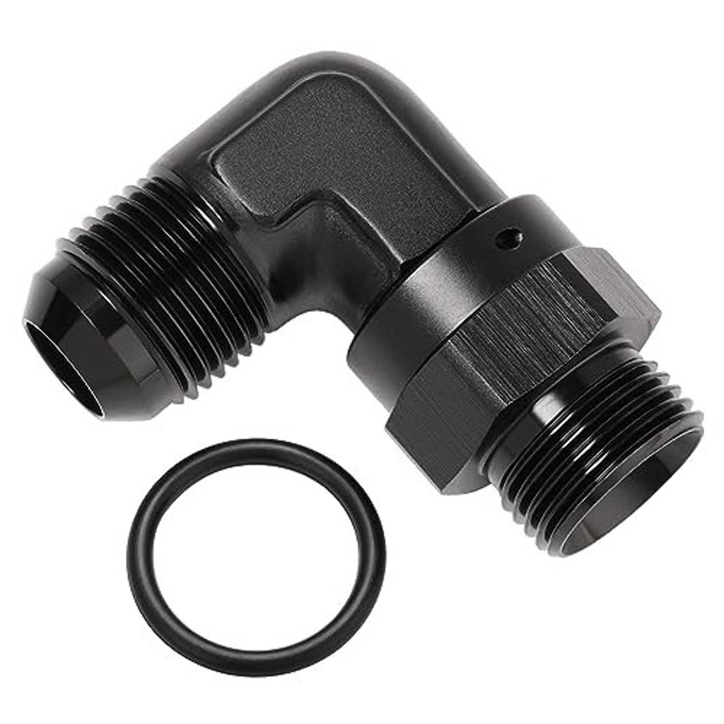 Black 90-degree AN flare to ORB elbow fitting with NBR O-ring and two male threads