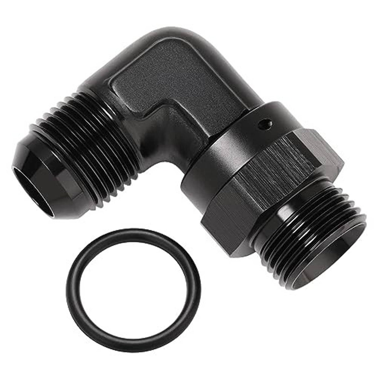 Black 90-degree AN flare to ORB elbow fitting with NBR O-ring and two male threads