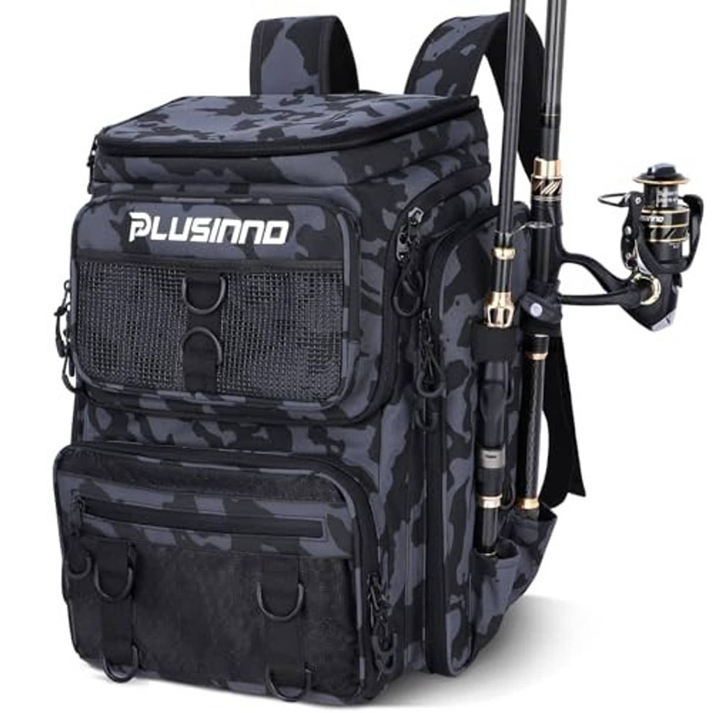 Fishing tackle backpack in dark camo with front organizer pocket and two rod holders