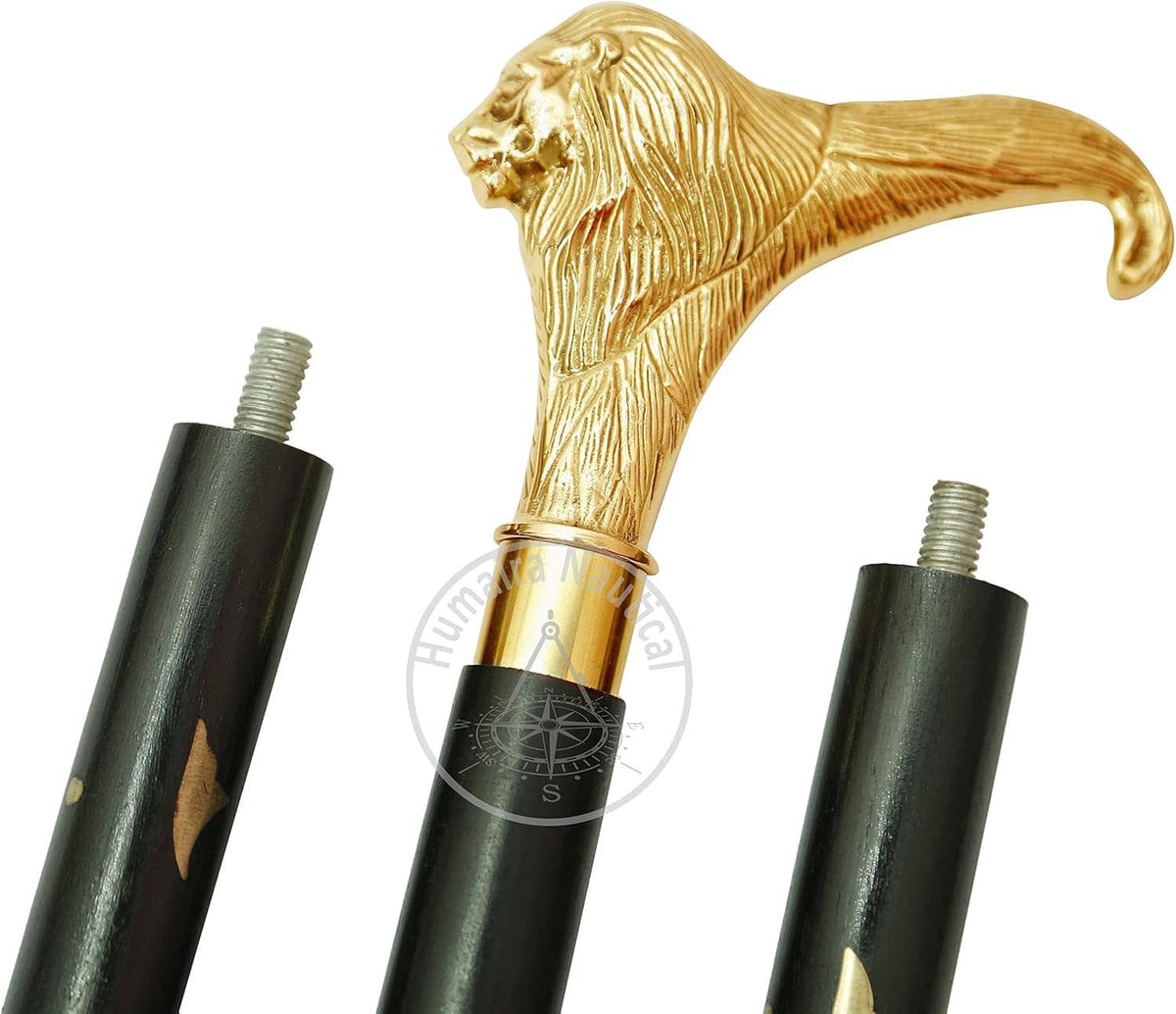 Brass lion-head handle between black cane segments with visible gold threading
