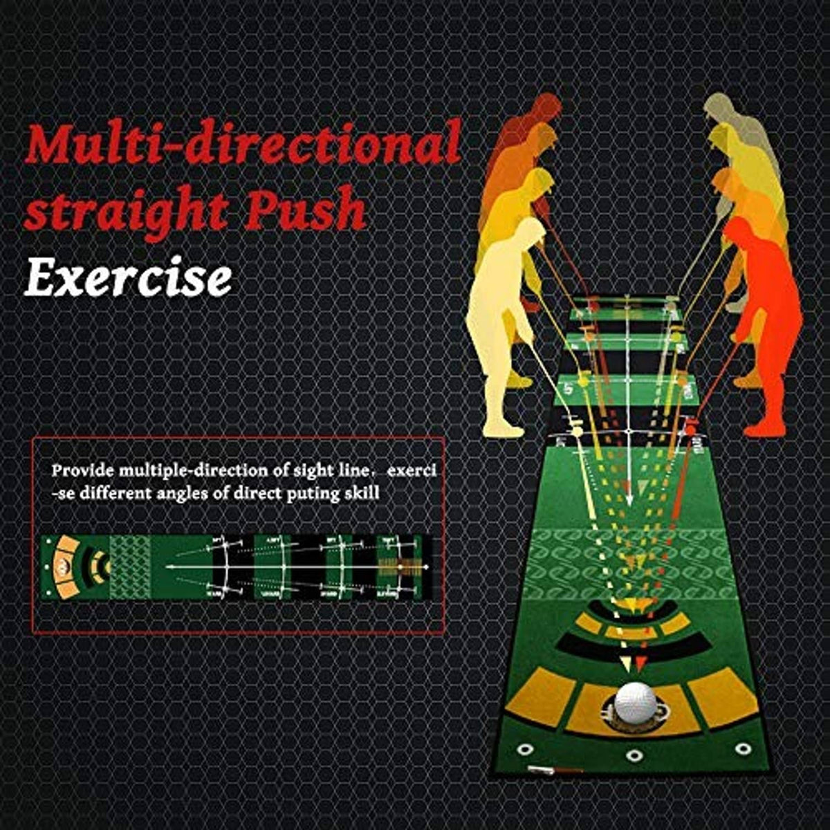 Golf putting practice mat with printed training grid and ball target icons