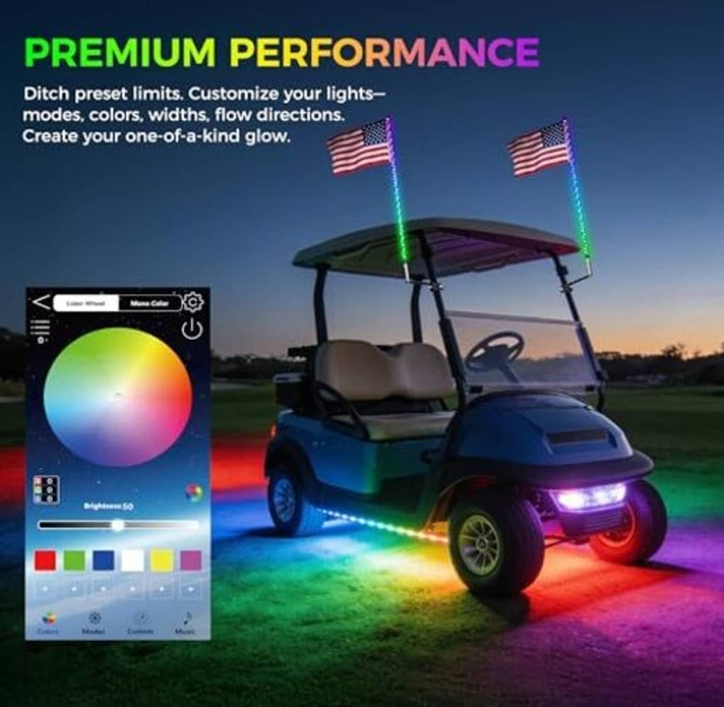 RGB golf cart whip light beams with app color control panel graphic