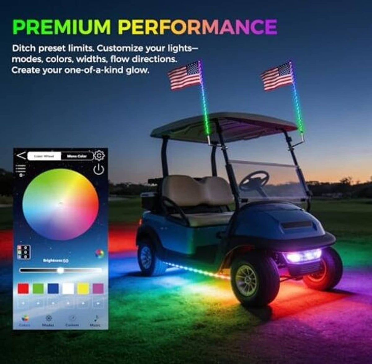 RGB golf cart whip light beams with app color control panel graphic