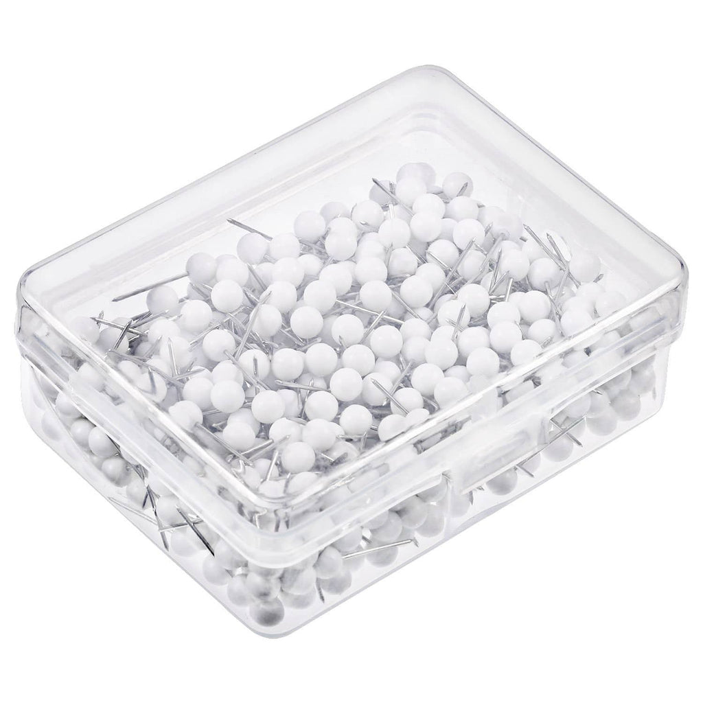 Clear plastic container filled with white map push pins and metal needles