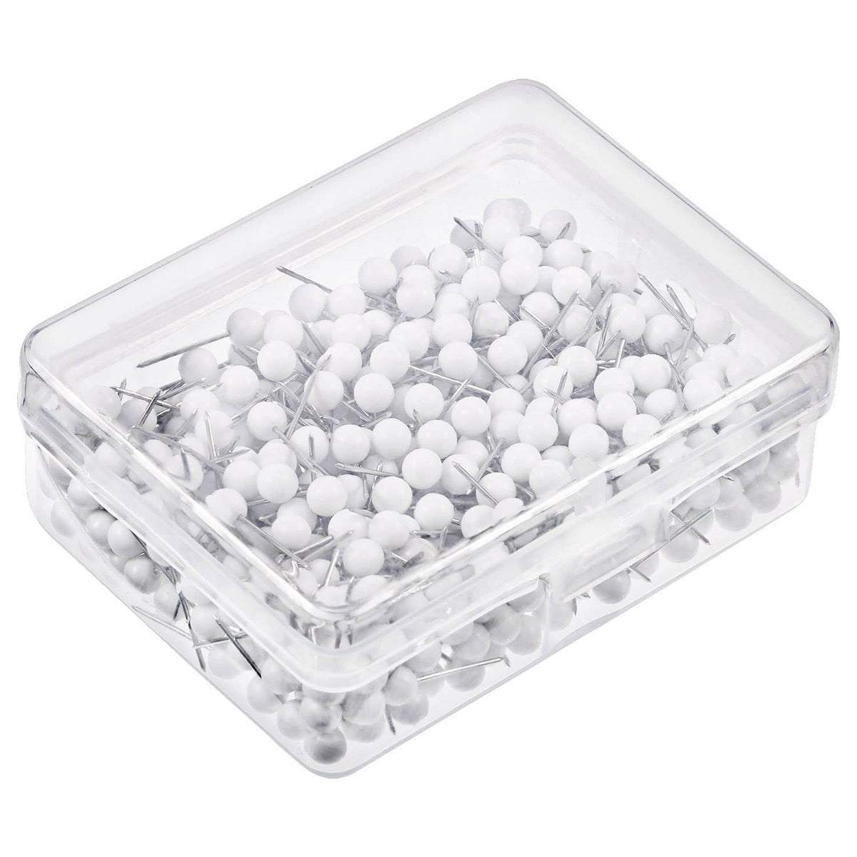 Clear plastic container filled with white map push pins and metal needles