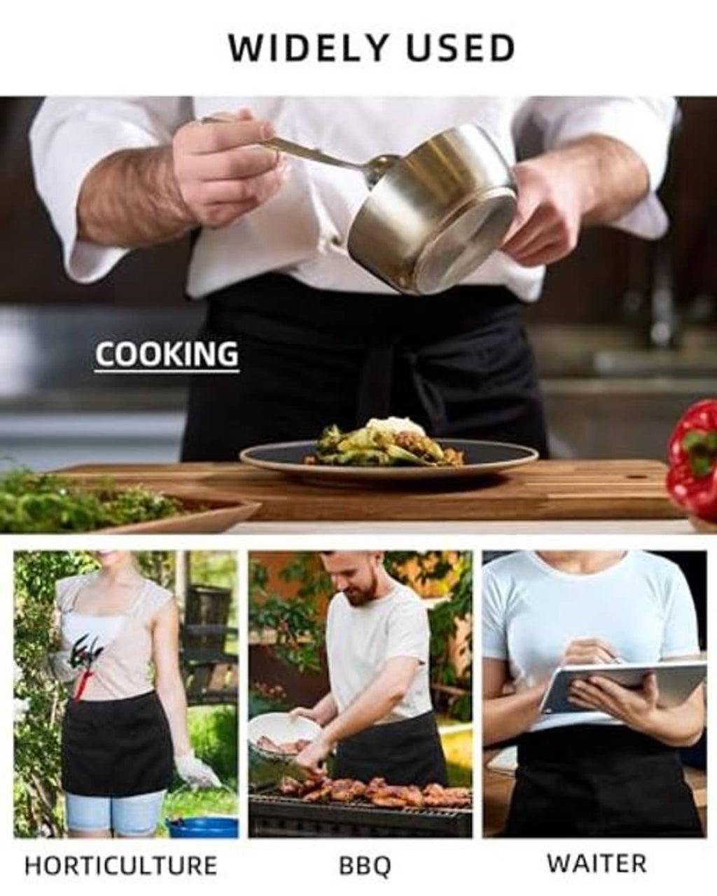 Black apron with four pockets worn while cooking, front pocket layout shown