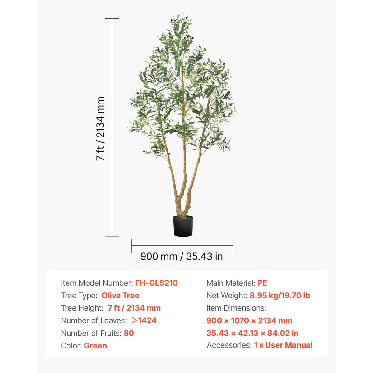7 ft tall artificial olive tree with green leaves in a black pot