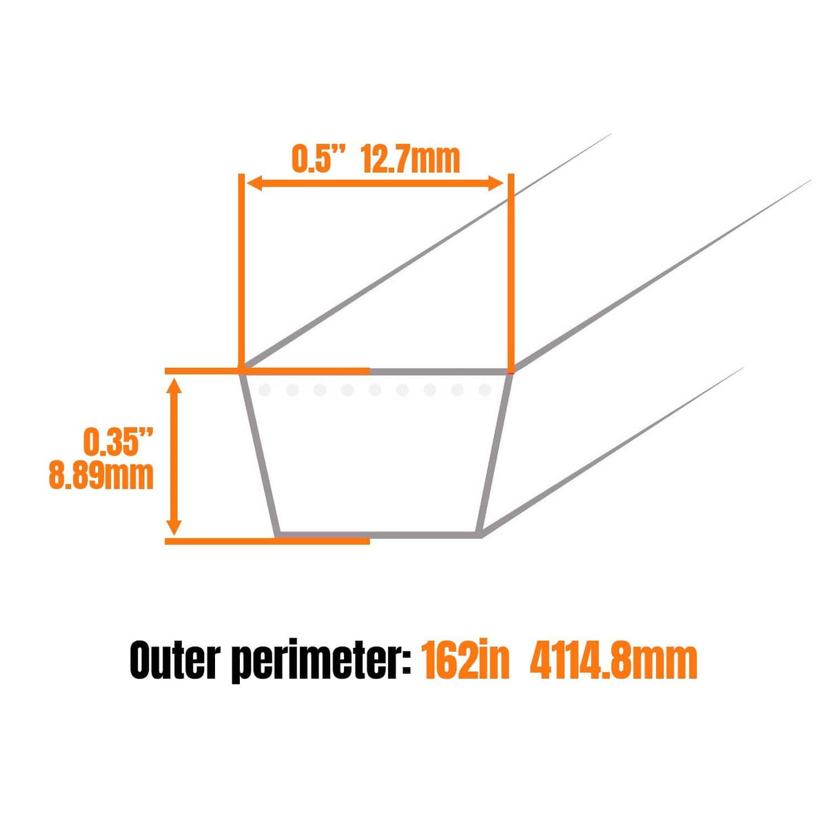 Deck V-belt sizing diagram with outer perimeter and width dimensions.