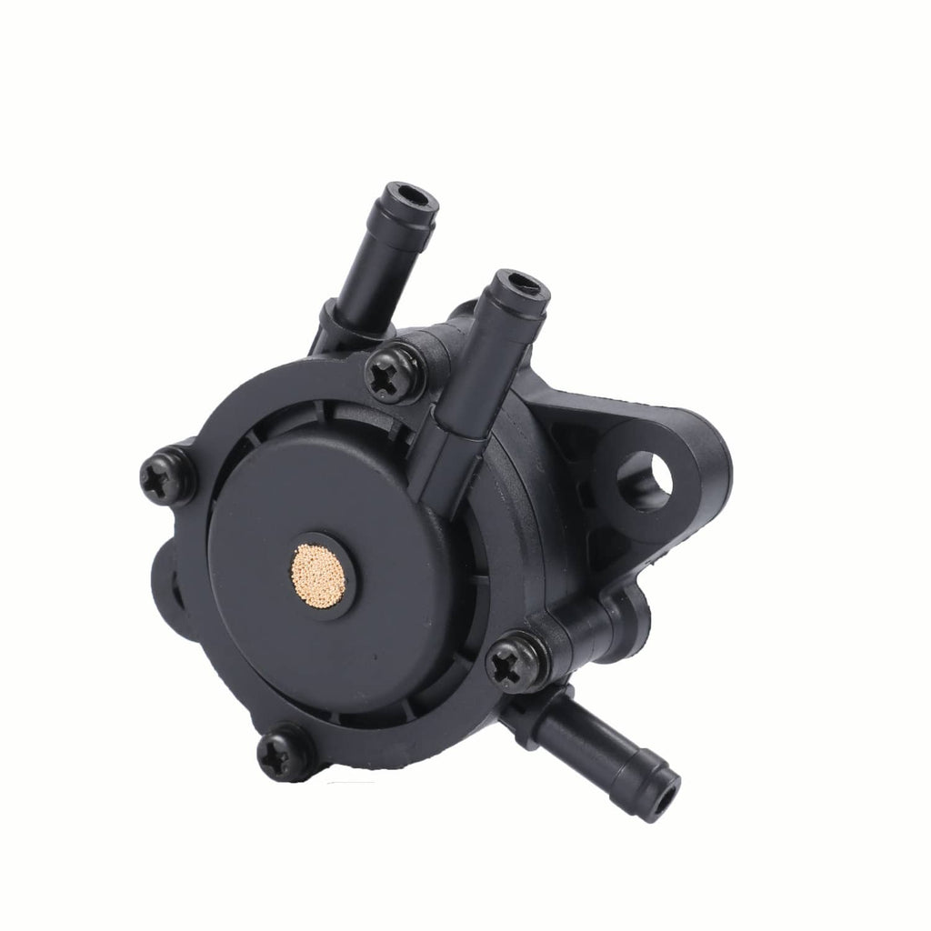 Gas fuel pump with inlet/outlet tubing and visible filter screen, black housing