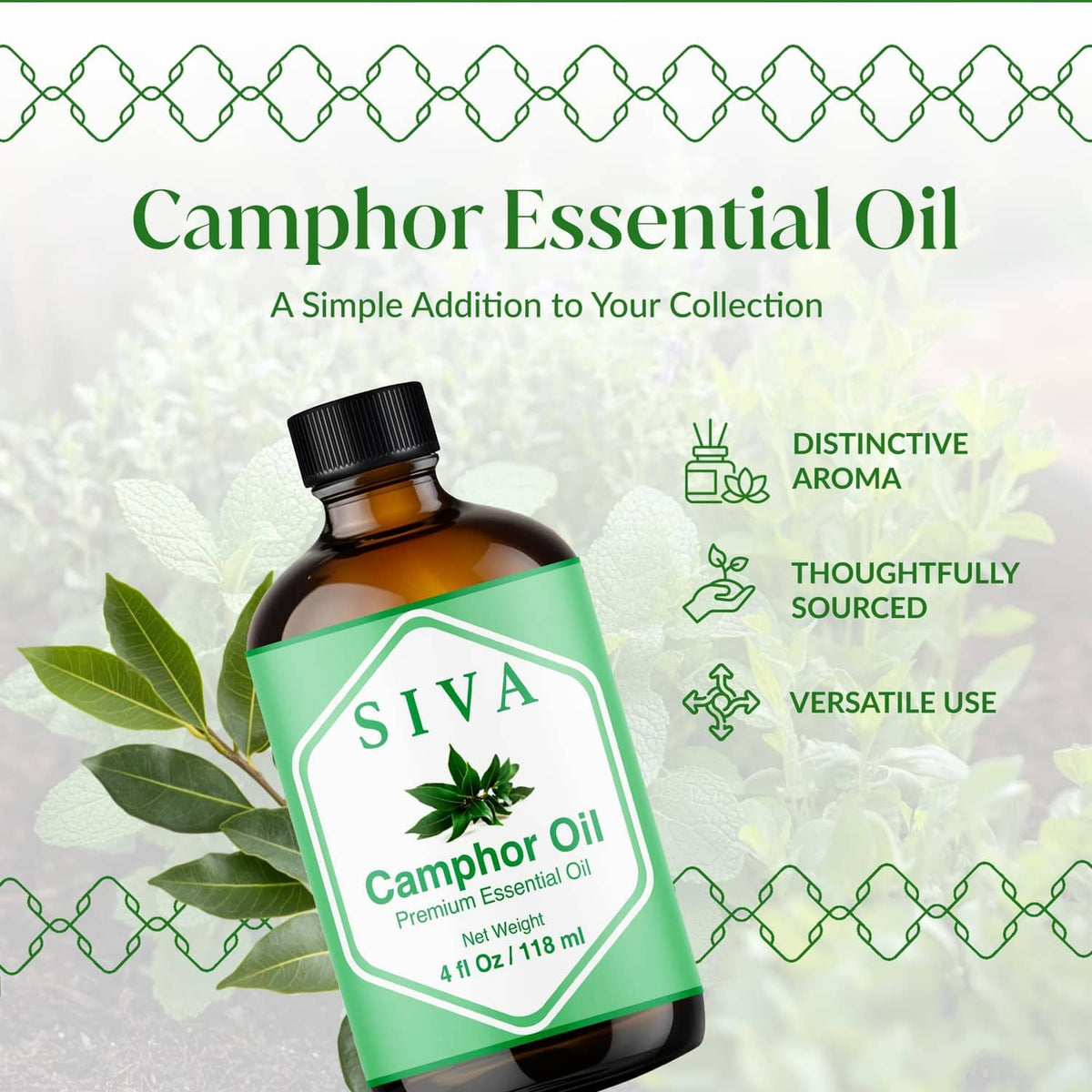 SIVA camphor essential oil bottle with dropper and green label