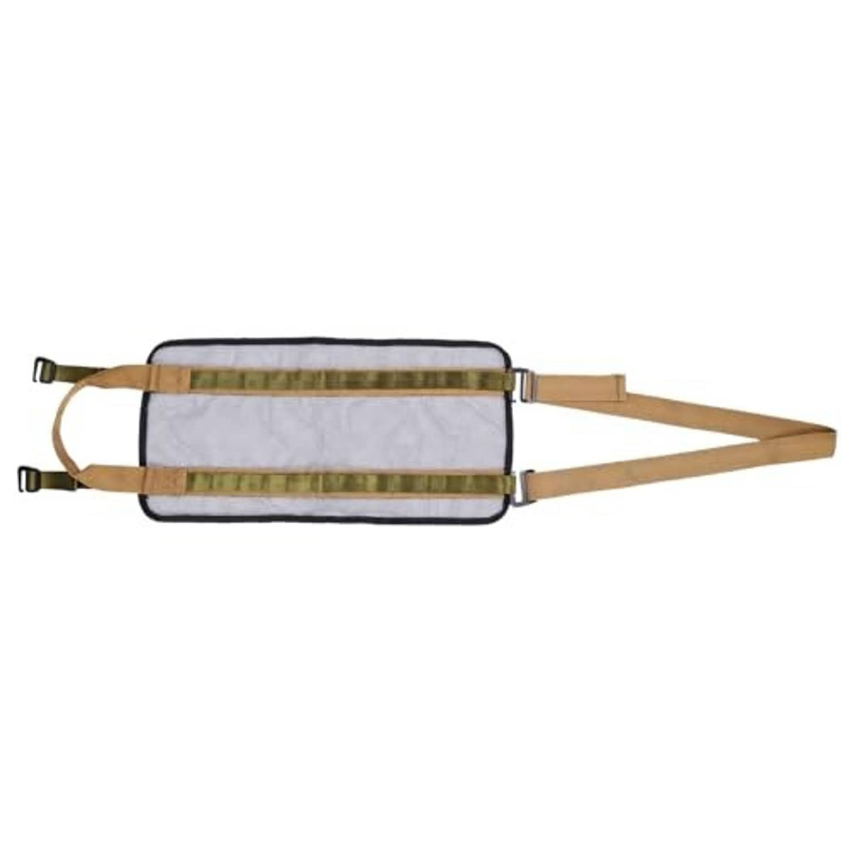 Padded tree-step carrying strap with gray panel, olive trim, and two wooden handle arms