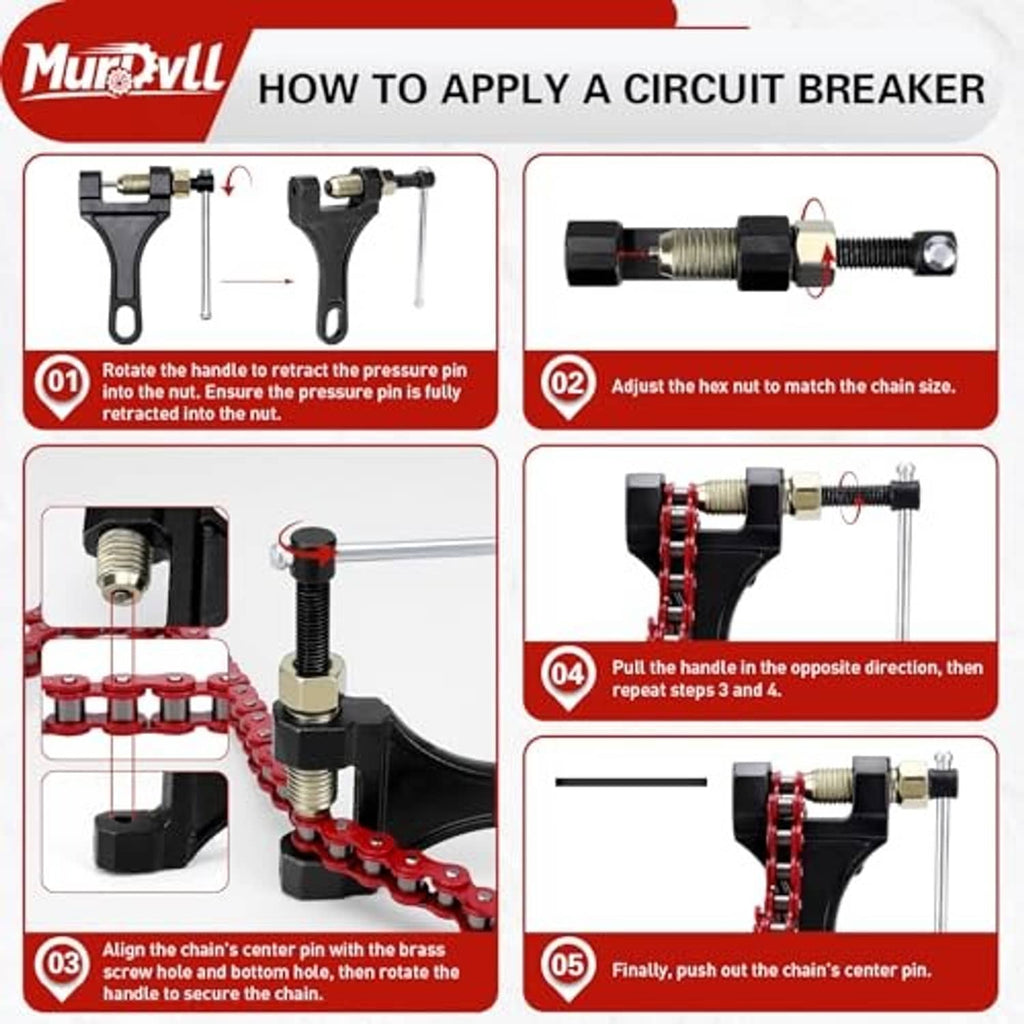 Red 420 chain installation tool set with pin removal and reassembly step illustrations