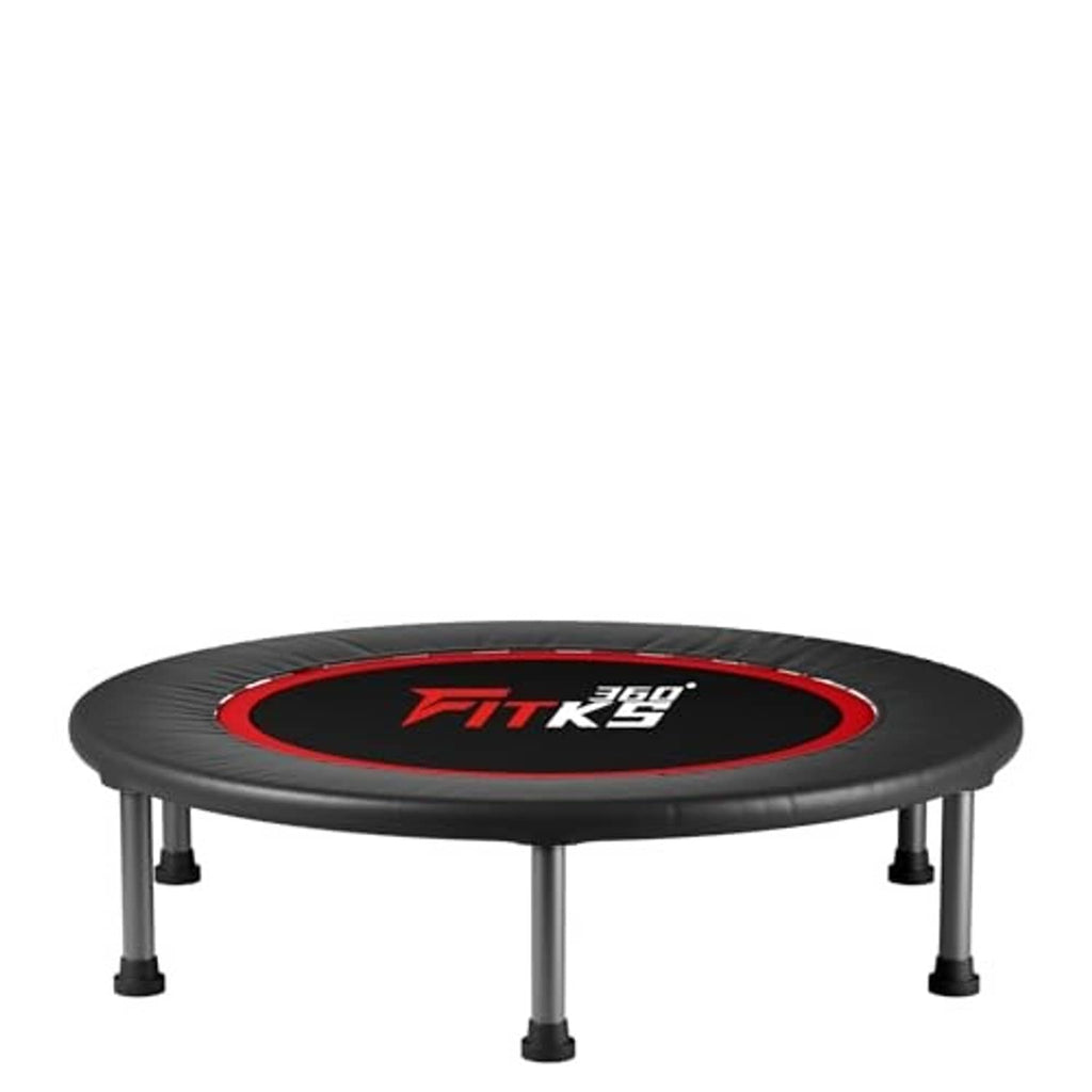 Black round trampoline mat with red rim and FITKS logo, supported by four legs