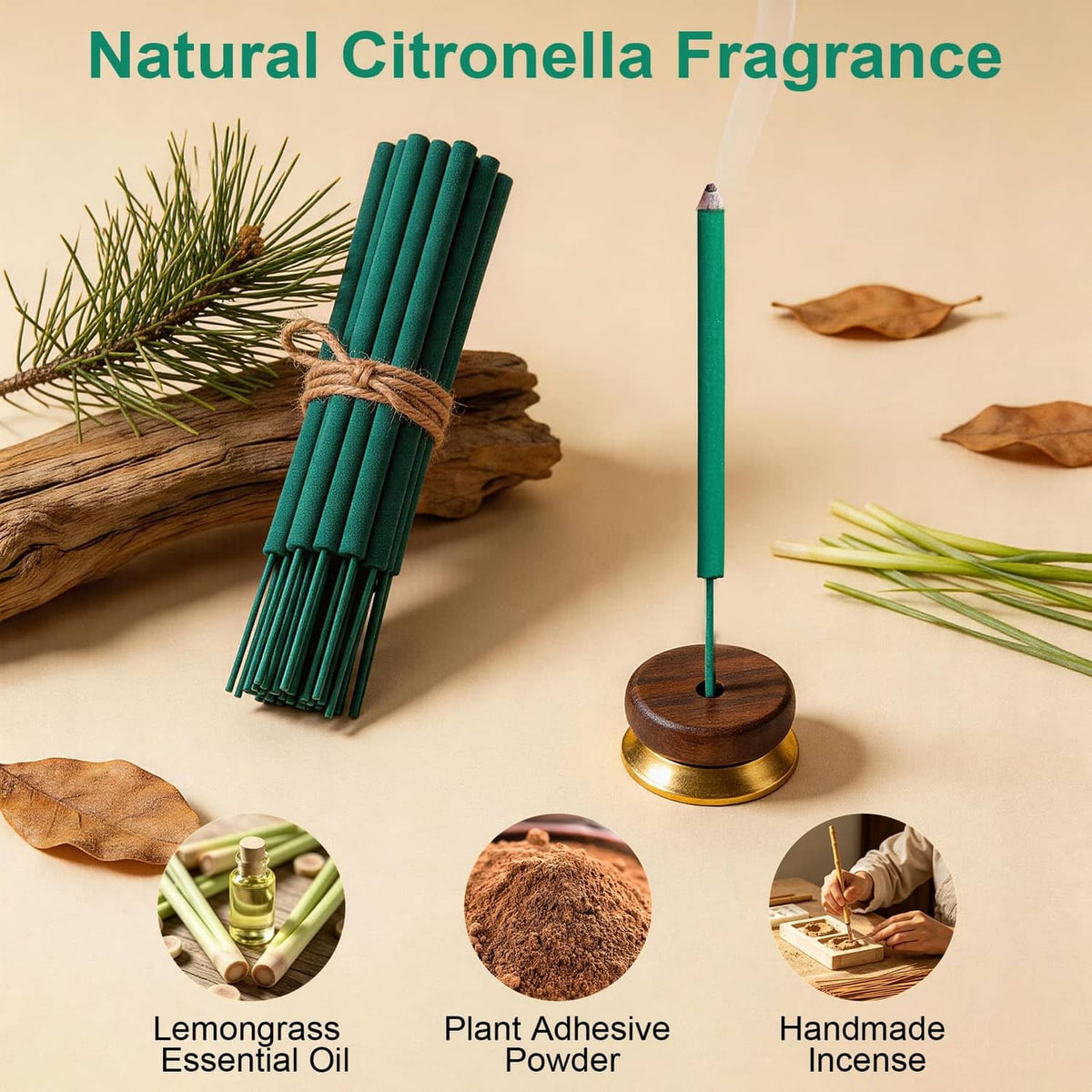 Green citronella incense sticks bundle with base holder
