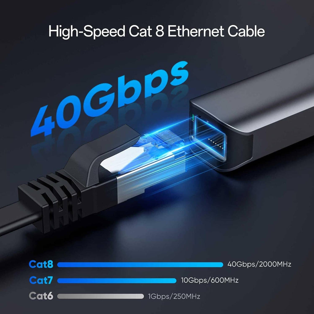 Cat8 Ethernet cable close-up with blue-lit RJ45 plug and slim dark housing