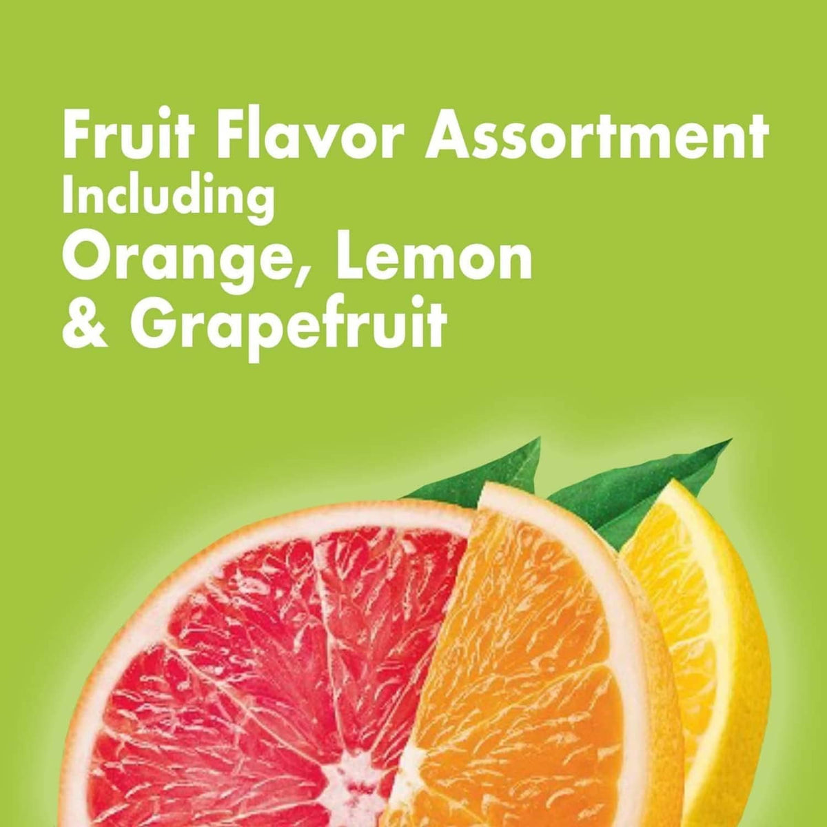 Fruit flavor assortment graphic: orange, lemon, grapefruit