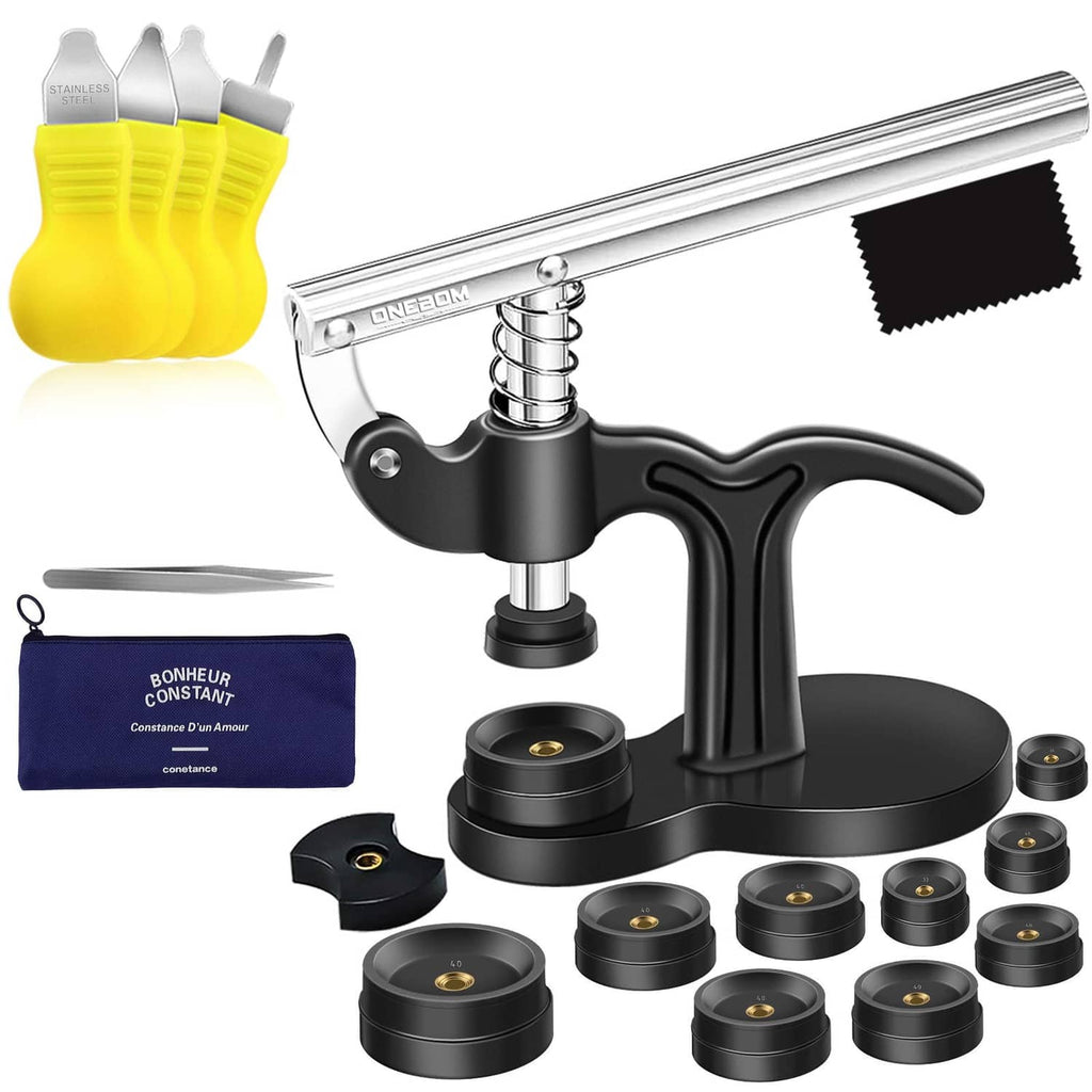 Watch back cover press tool set with black handle and assorted round dies