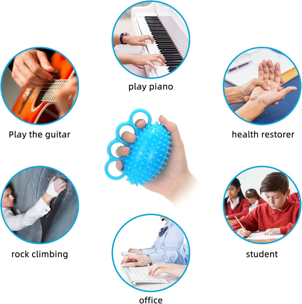 Blue spiky finger therapy grip ball with 5 finger loops in a hand close-up