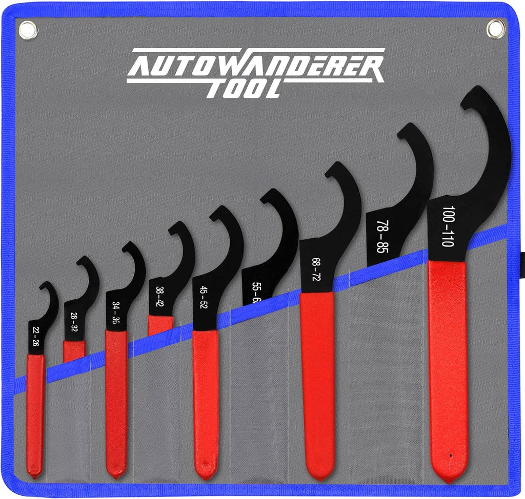 Coilover spanner wrench set organized in a blue-edged gray pouch, black hook ends