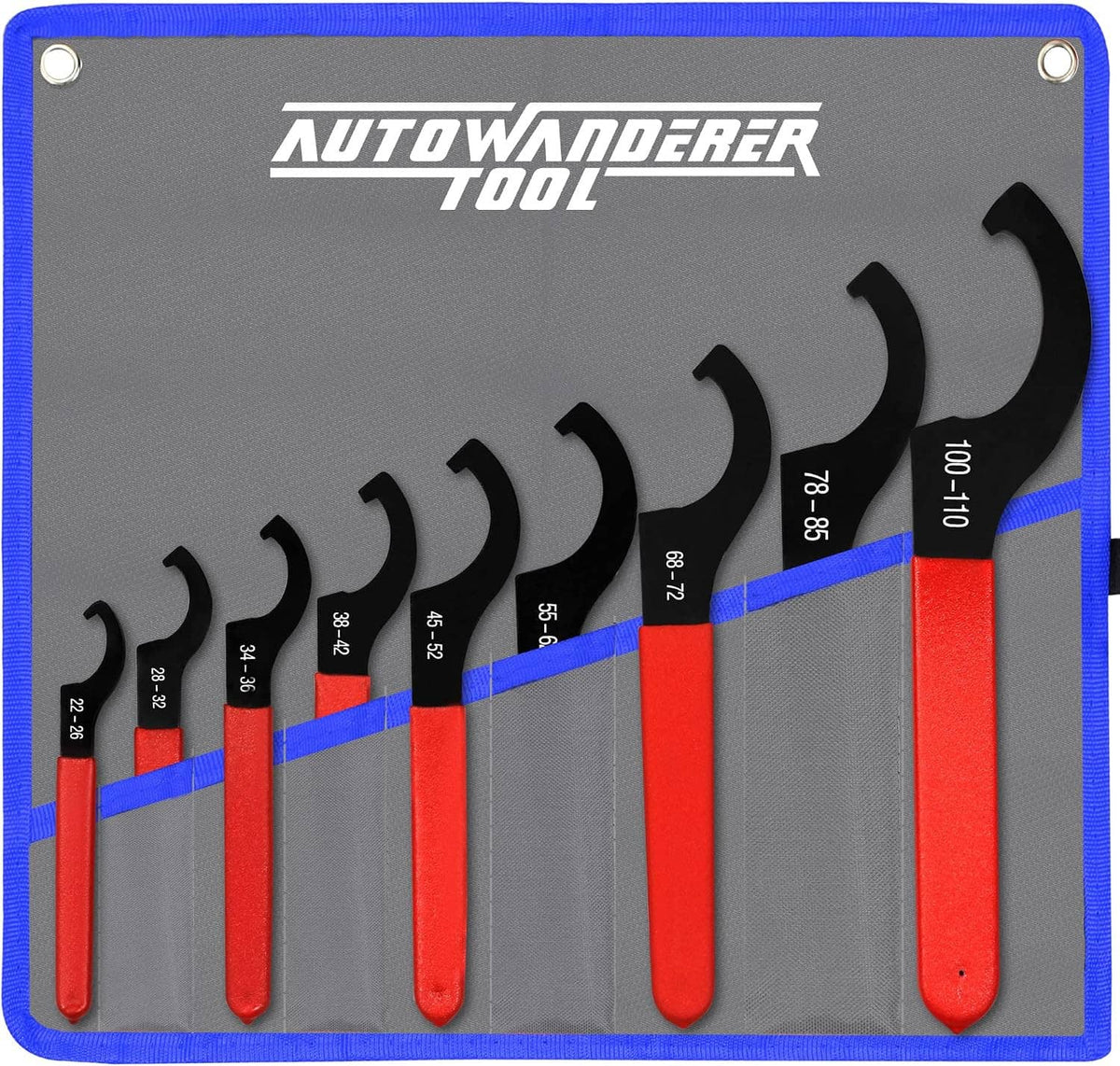 Coilover spanner wrench set organized in a blue-edged gray pouch, black hook ends
