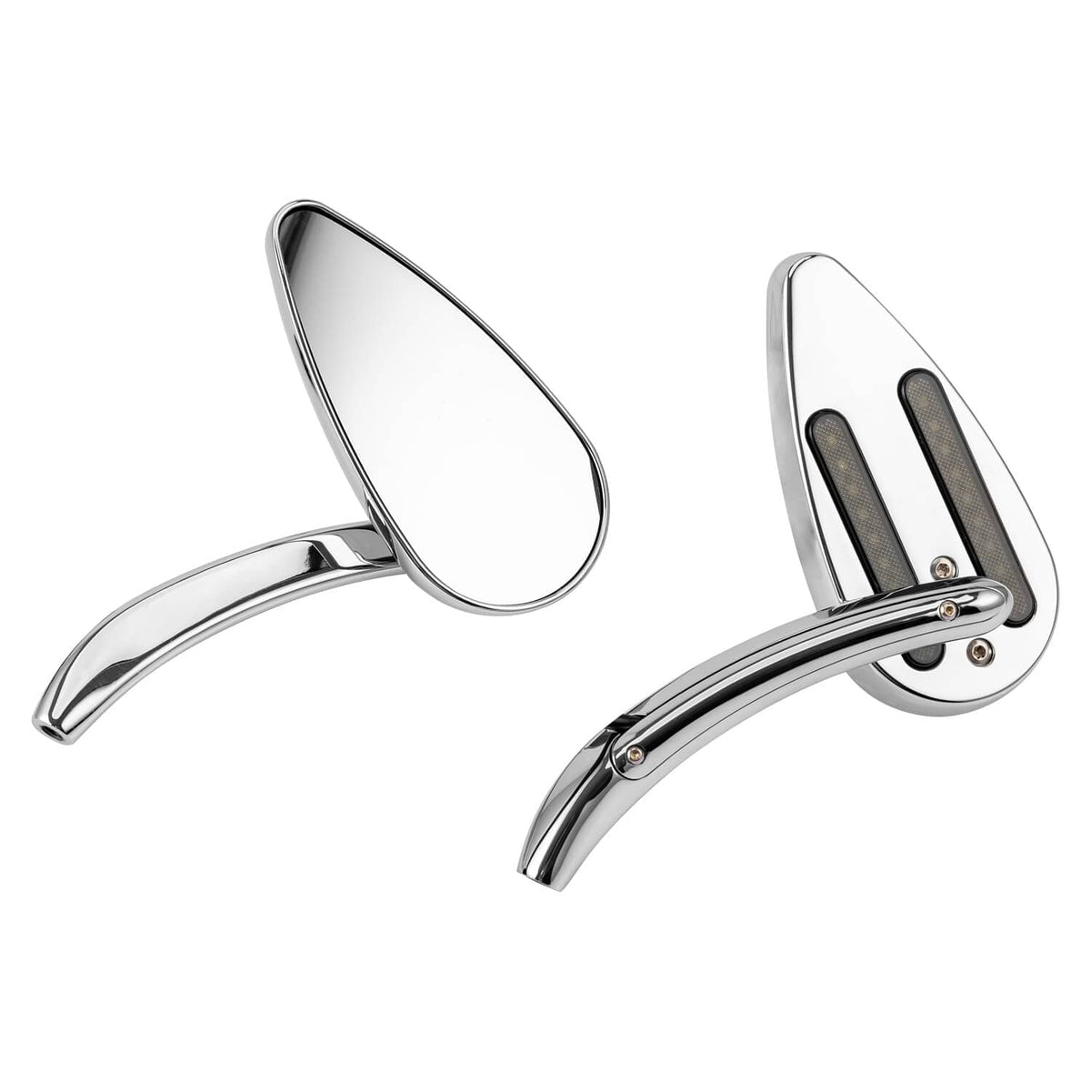 Chrome motorcycle rearview side mirrors with two vertical amber LED light bars