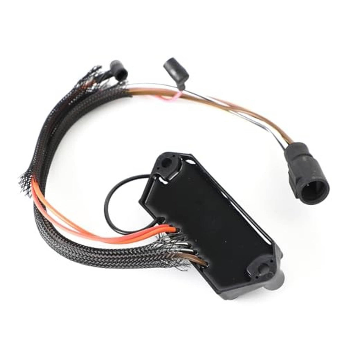 CDI switch box assembly with black housing, braided wiring harness, and two small sensor ports