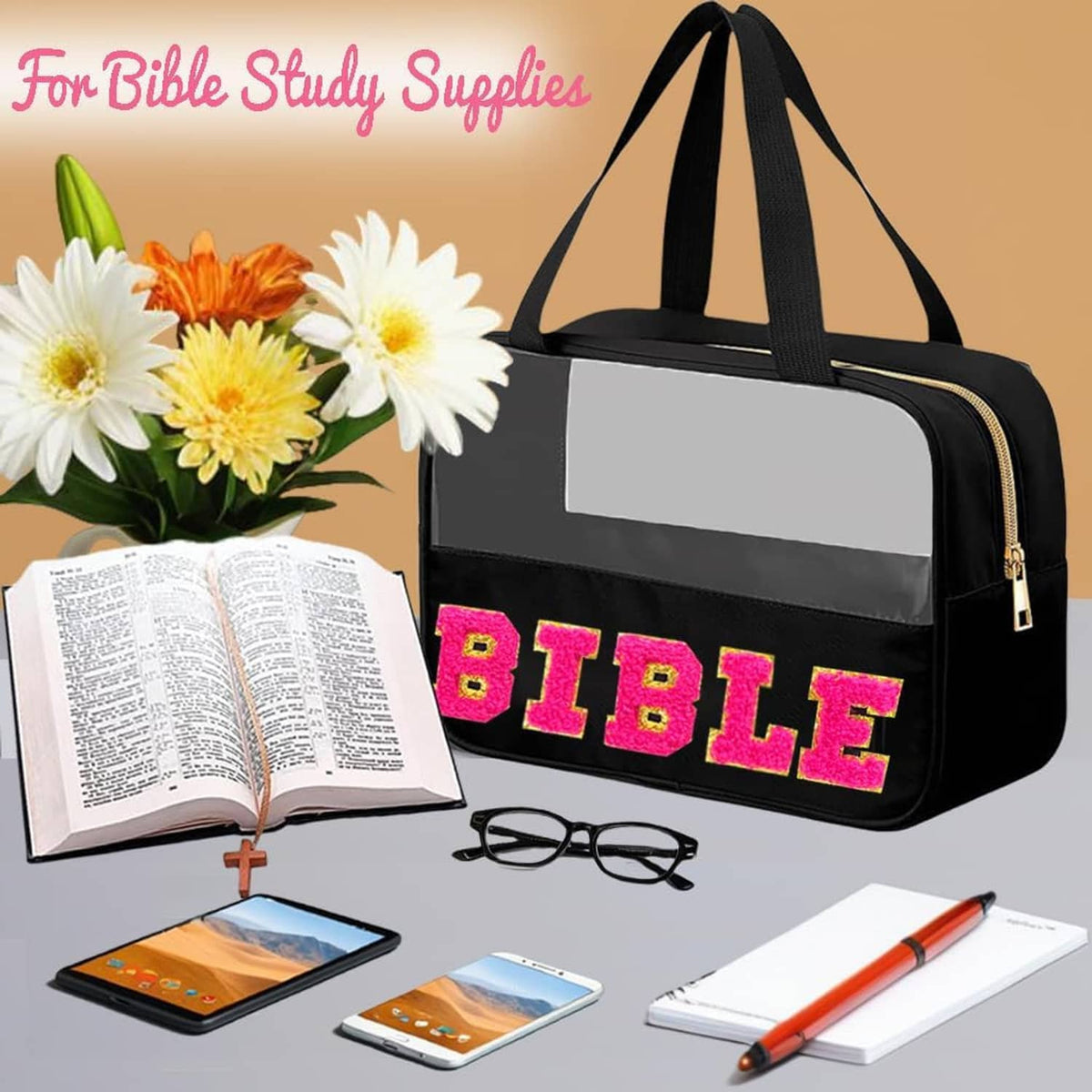 Black bible bag with pink glitter 'BIBLE' letters on the front and a front zipper