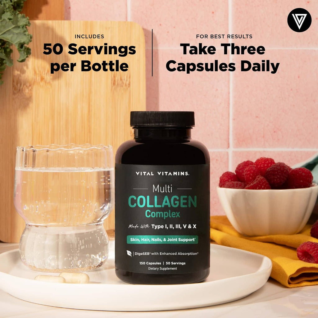 Black Multi Collagen Complex bottle on table with drink and berries