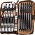 Black mechanical pencil set with leather case, 30 metal pencils and refill cartridges.