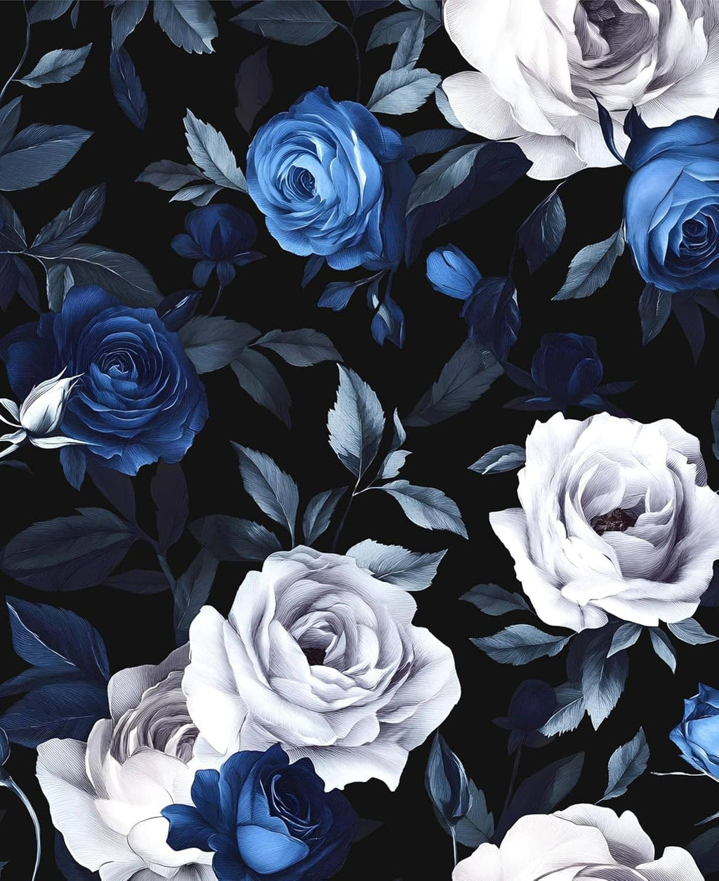 Peel-and-stick floral wallpaper with dark background, blue and white roses, leaves pattern