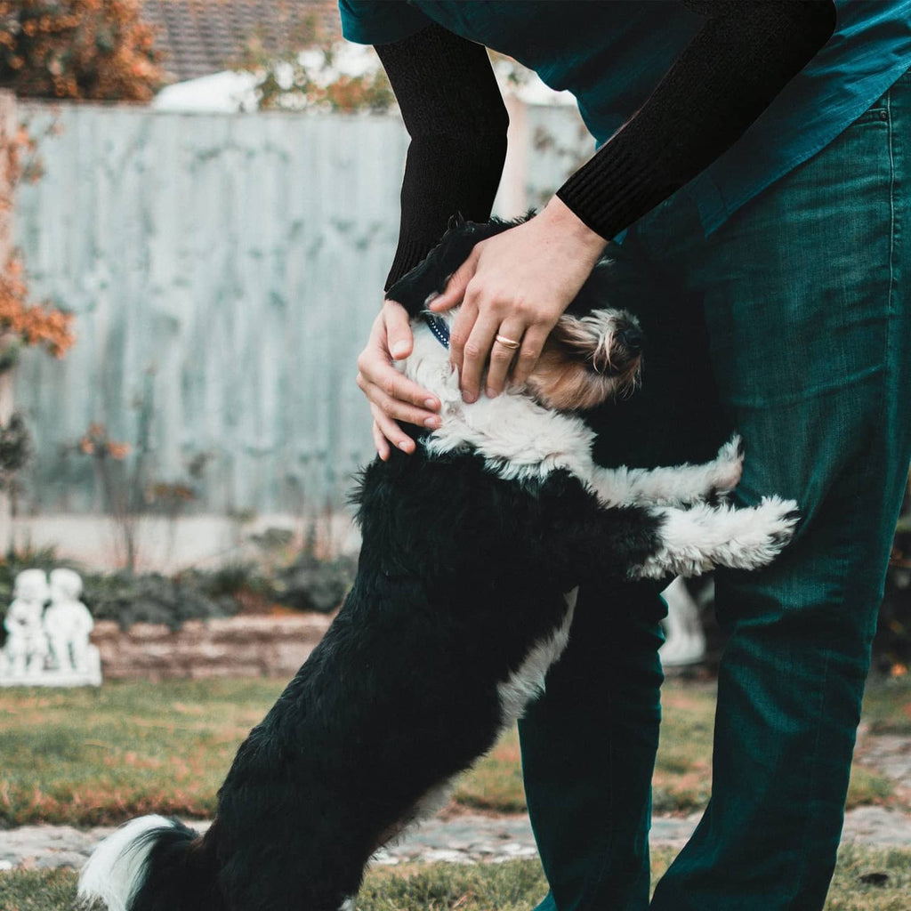 Gray knit arm sleeves with black cuffs covering forearms