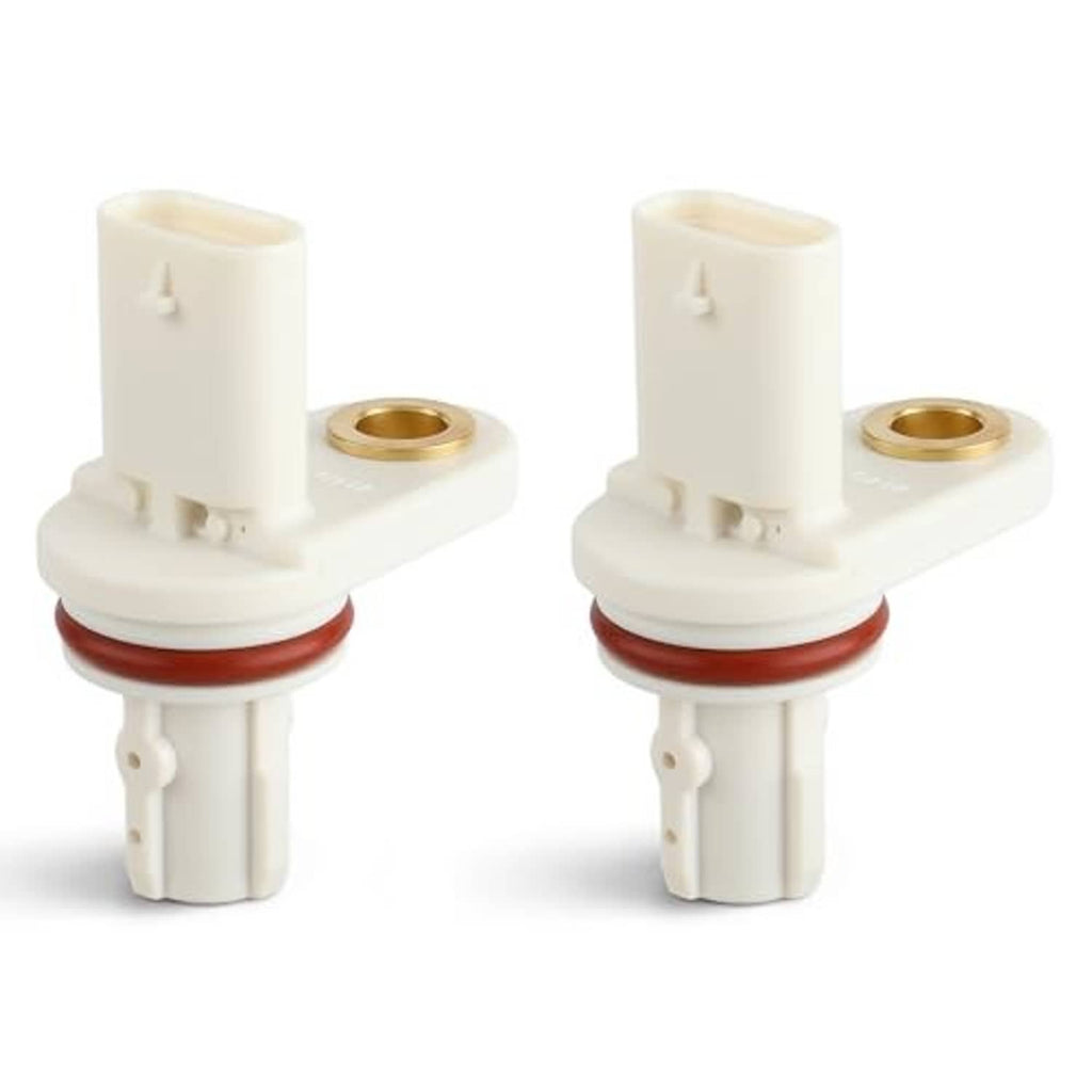 White camshaft position sensor angled view with red seal and metal threaded hole.