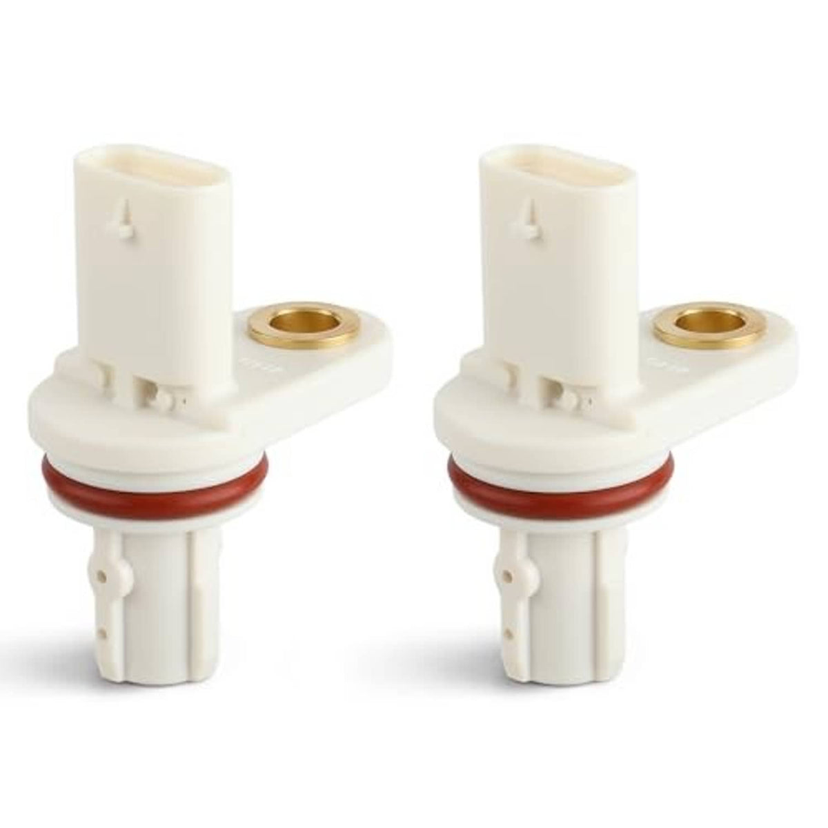 White camshaft position sensor angled view with red seal and metal threaded hole.