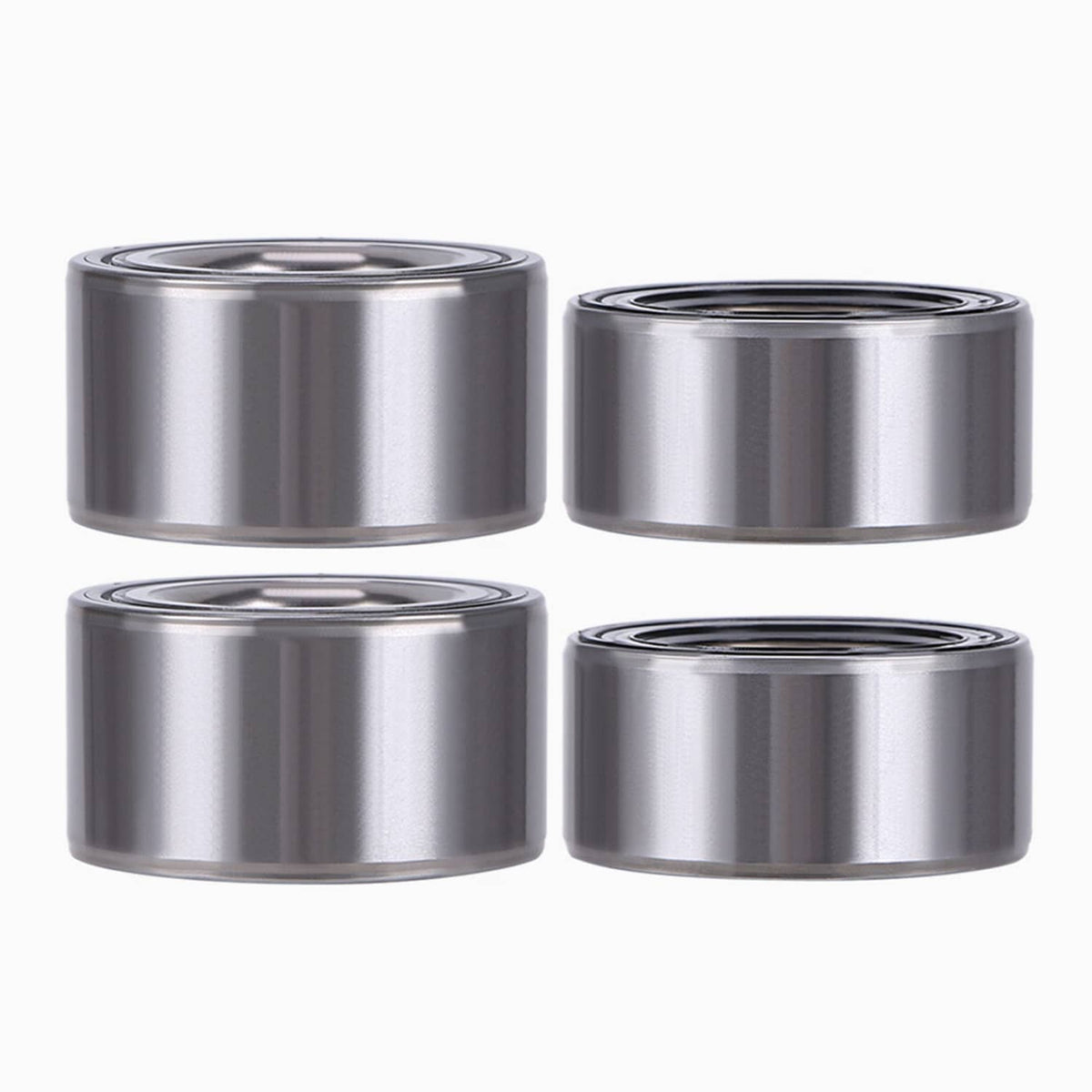 Four silver wheel bearing units with black sealing rings, displayed in a grid