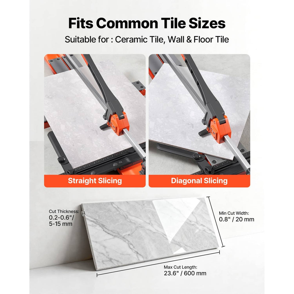Tile cutter tool for straight and diagonal slicing, shown with common tile size guidance