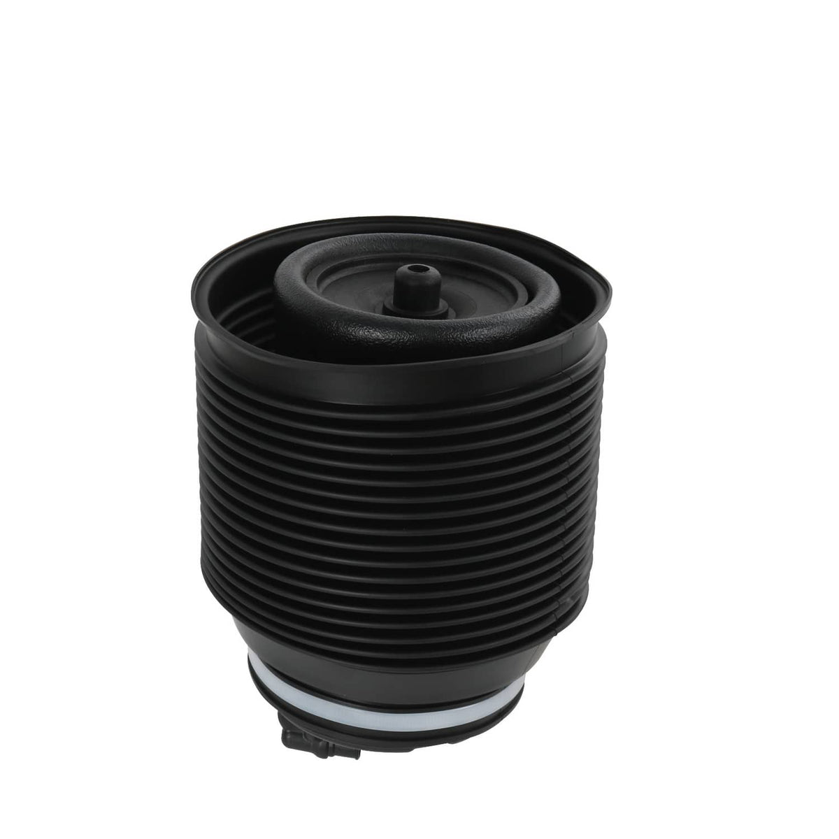 Black rubber air suspension spring with top mounting cap and central port