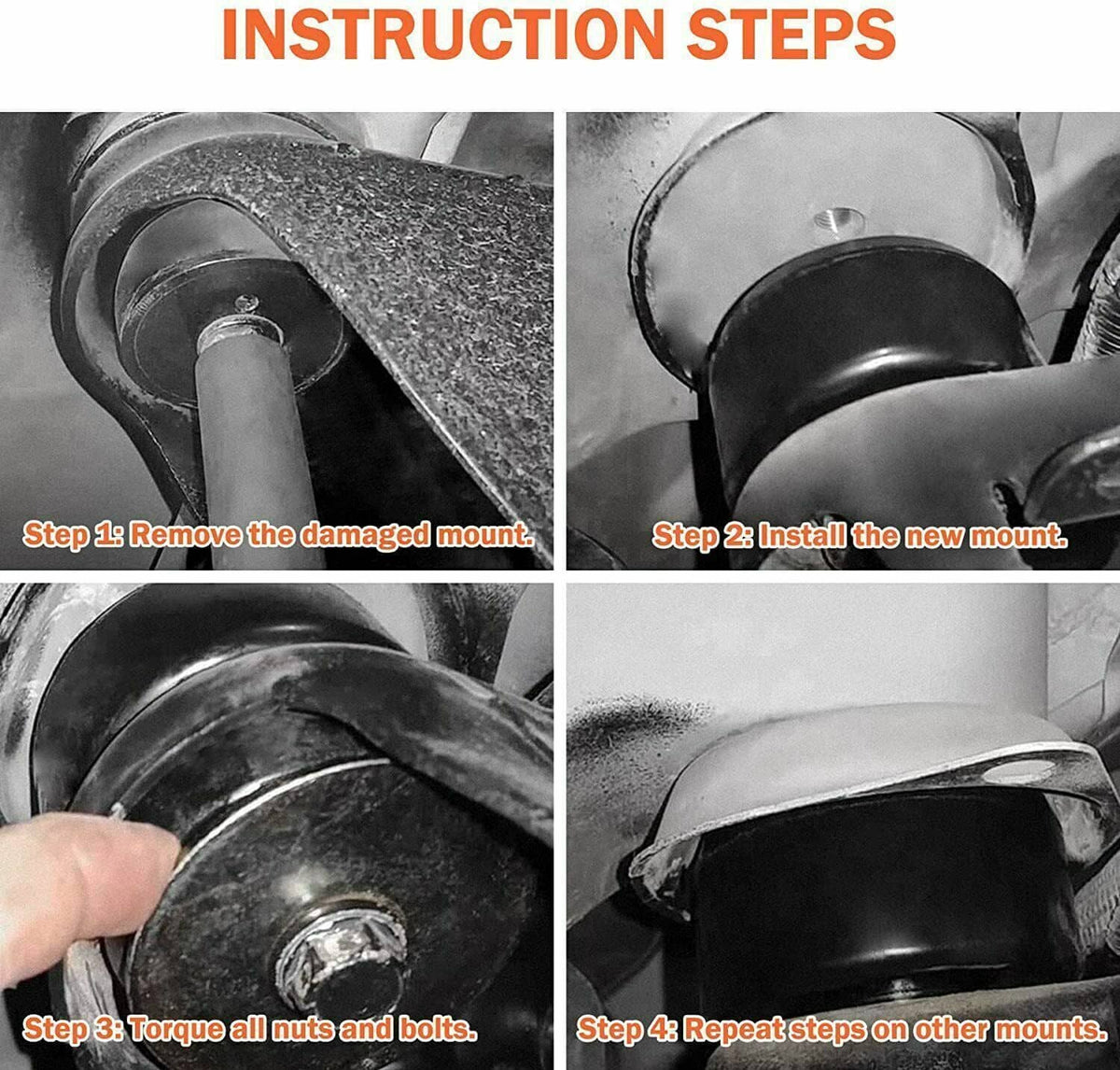 Vehicle body mount bushing installation steps showing black bushing on bracket