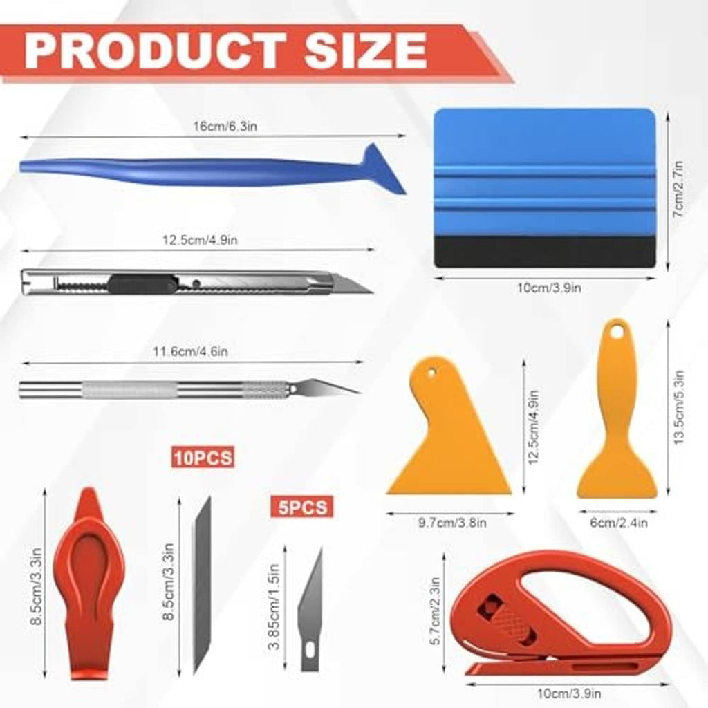 Window tint tools size chart showing squeegee, blade cutters, and scraper handles
