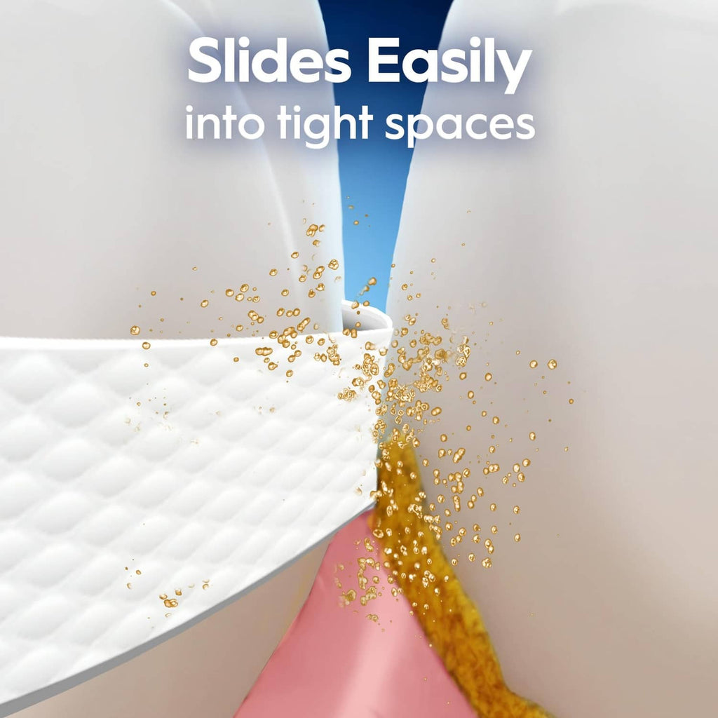 Dental floss slides easily into tight spaces between teeth with plaque particles