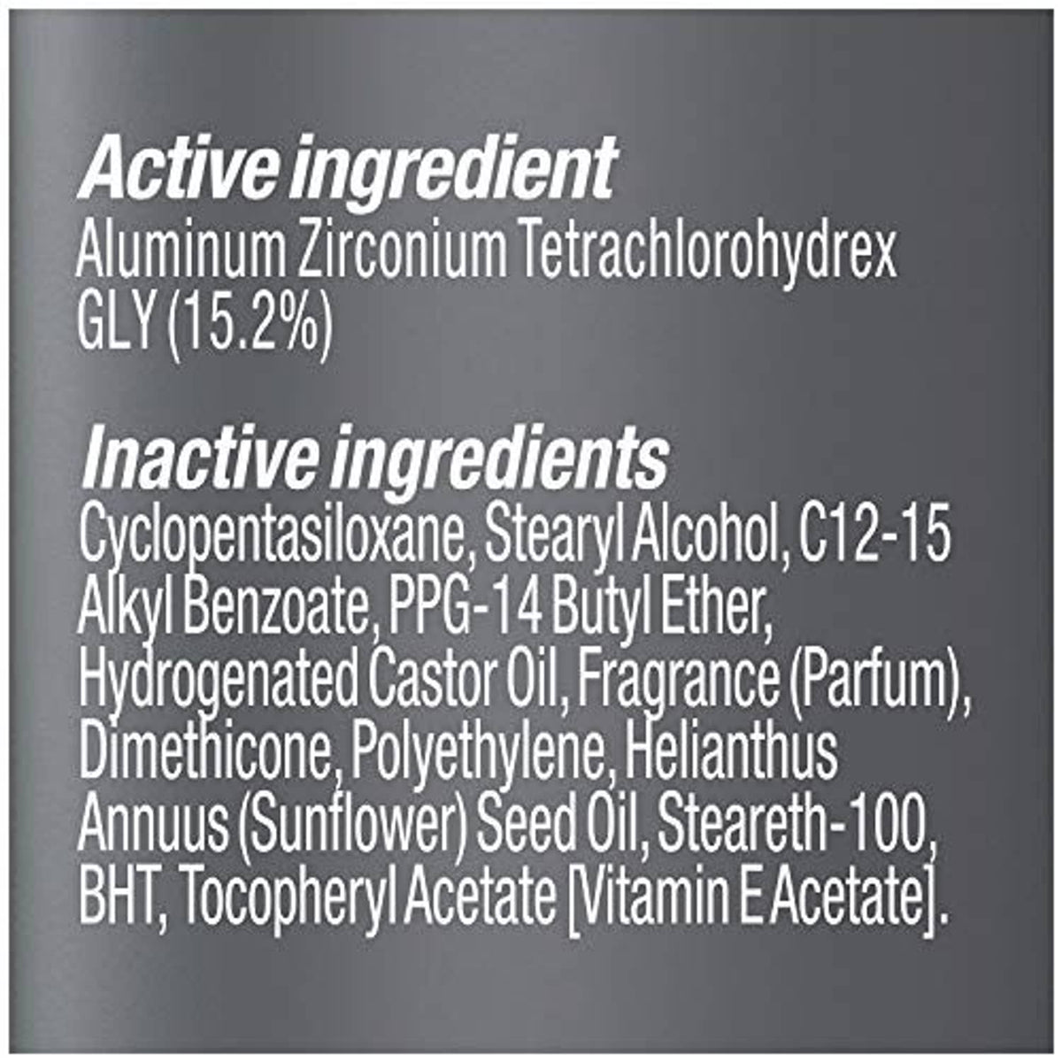 Deodorant label showing active and inactive ingredients list