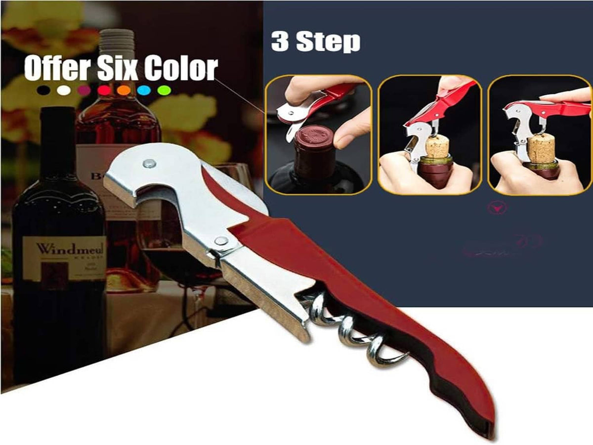 Multicolor corkscrew opener, red and white frame with pull-worm and comfort handle
