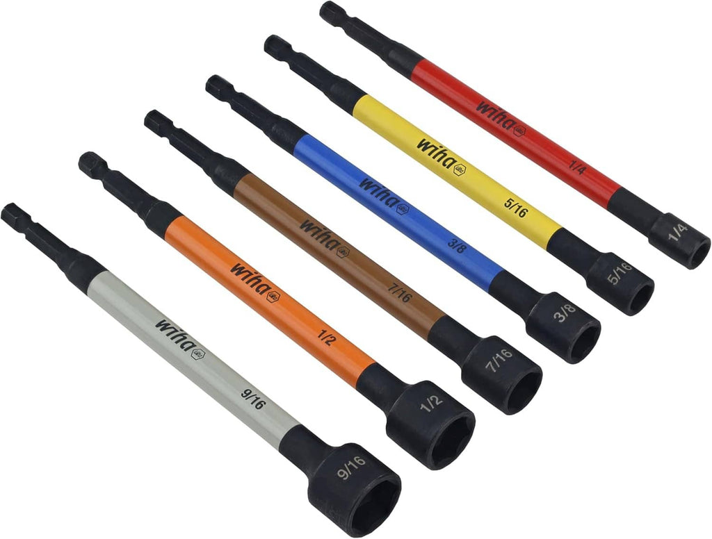 Six color-banded magnetic nut setter bits with hex drive tips, SAE sizes shown