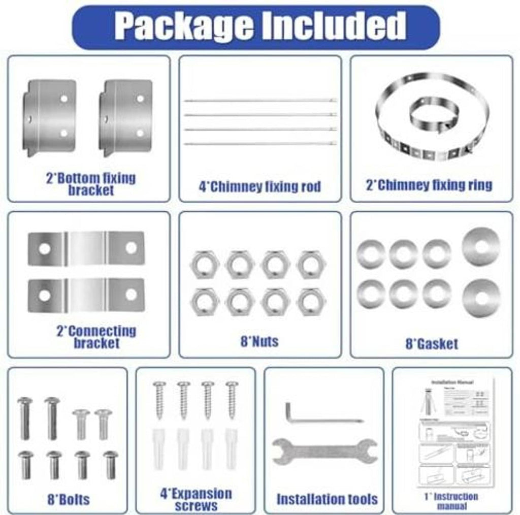 Package contents for stainless stove pipe roof support kit: fixing brackets, ring, nuts, gasket