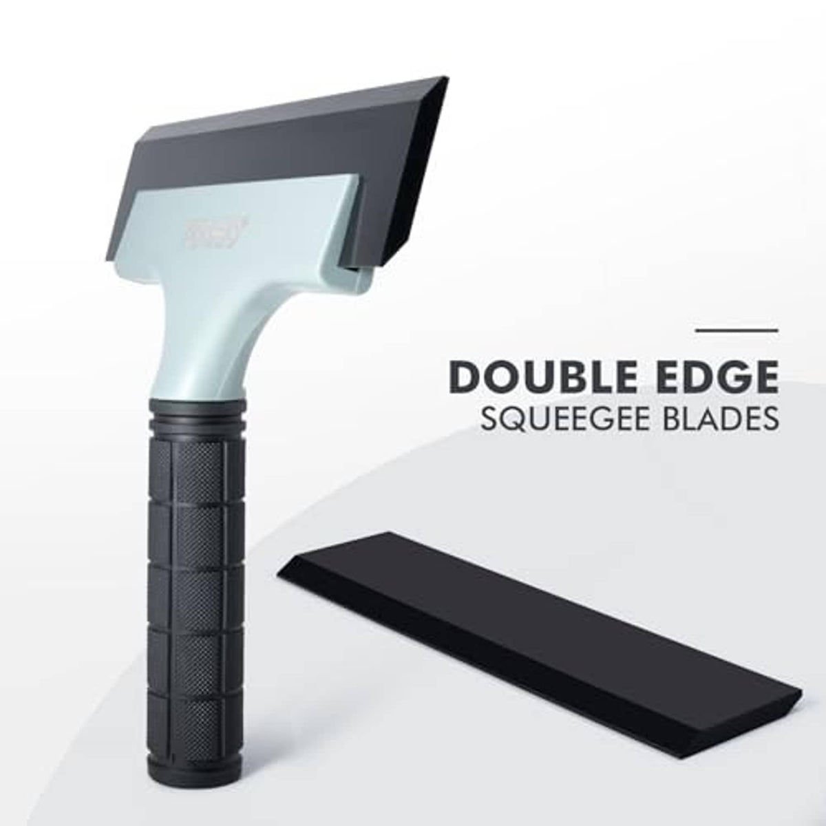 Handheld double-edge car window squeegee with light-gray head and black grip handle