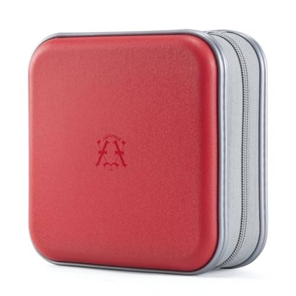 Red hard-shell CD/DVD zipper wallet with gray side border, angled view