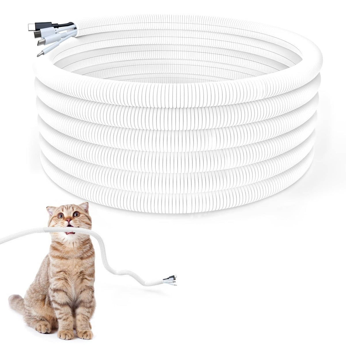 White ribbed cord protector tubing with adapter ends, 10 ft cable cover