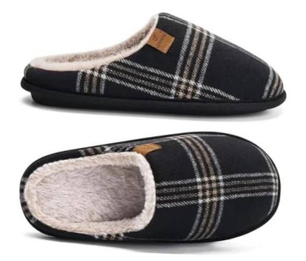 Black plaid slip-on scuff slippers with fuzzy lining and cushioned sole