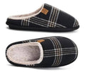 Black plaid slip-on scuff slippers with fuzzy lining and cushioned sole