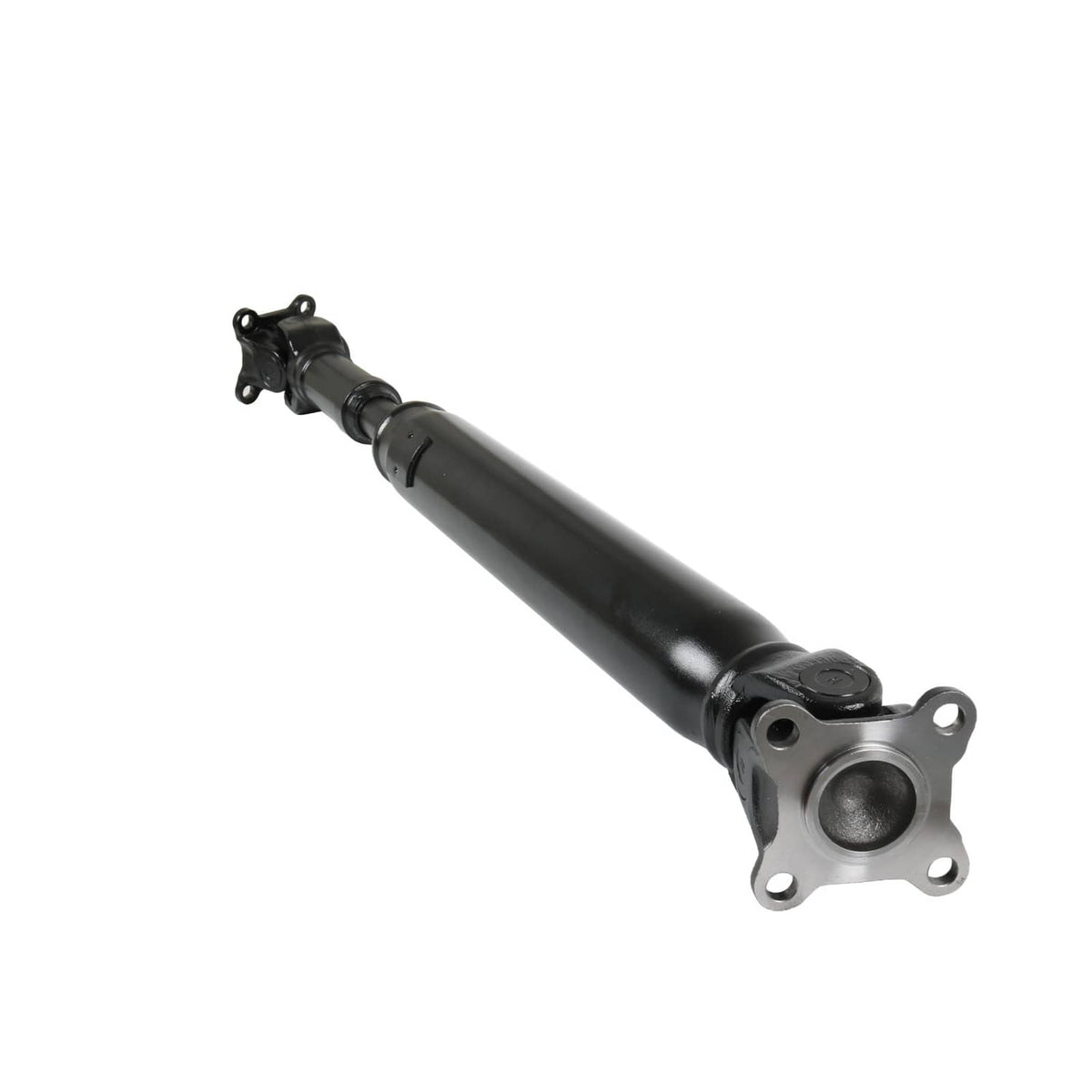 Front prop shaft assembly close-up, dark tube with round flange and bolt holes